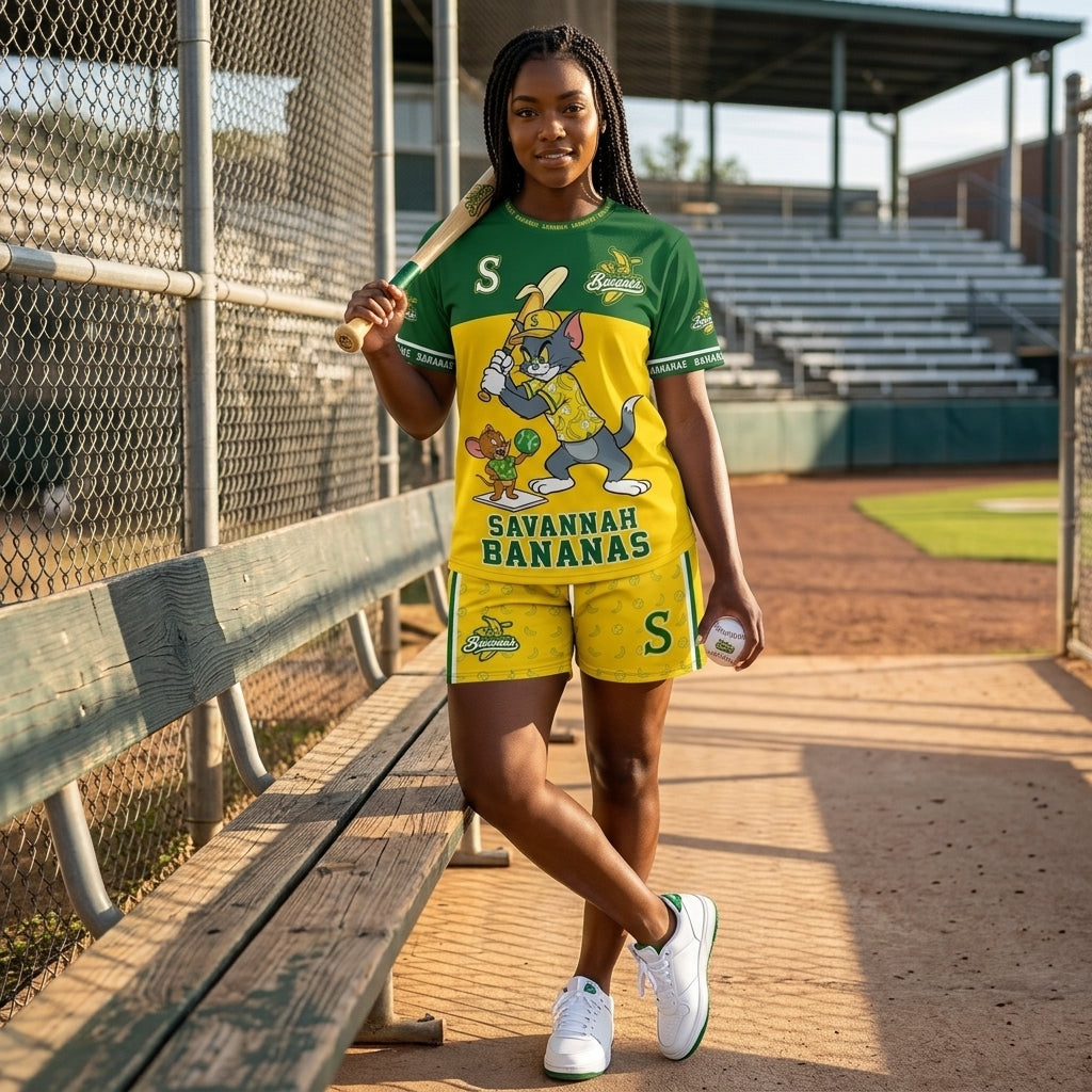 Baseball Fan T-Shirt And Shorts Set, Green Yellow Cartoon Sport Outfit For Summer