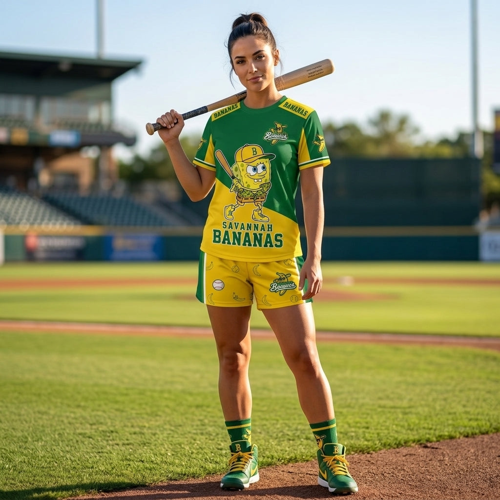 Baseball Fan T-Shirt And Shorts Set, Green Yellow Cartoon Sport Outfit For Summer