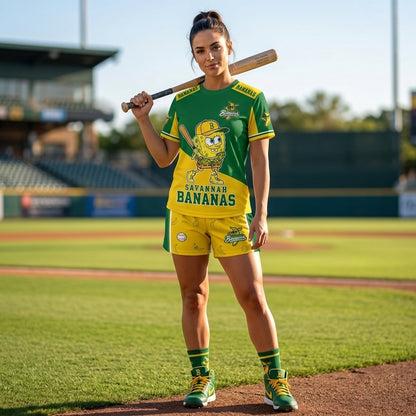 Baseball Fan T-Shirt And Shorts Set, Green Yellow Cartoon Sport Outfit For Summer