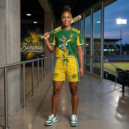 Baseball Fan T-Shirt And Shorts Set, Green Yellow Cartoon Sport Outfit For Summer