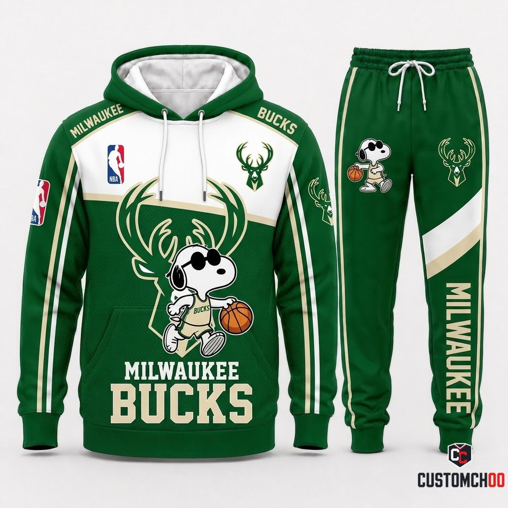 Snoopy NBA 30-Team Crossover Edition Tracksuit Set - Hoodie & Jogger Pants - Milwaukee Bucks