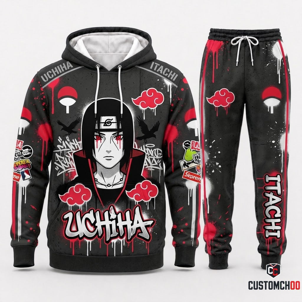 Itachi Uchiha Anime Tracksuit Set - Hoodie & Jogger Pants - 08. Street Graffiti