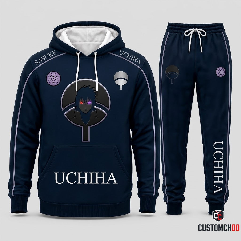 Sasuke Uchiha Anime Tracksuit Set - Hoodie & Jogger Pants - 05. Clan Minimalist