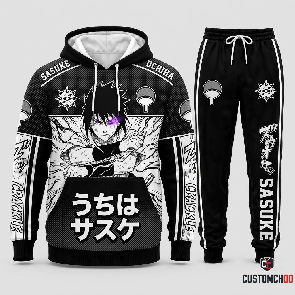Sasuke Uchiha Anime Tracksuit Set - Hoodie & Jogger Pants - 06. Manga Screentone