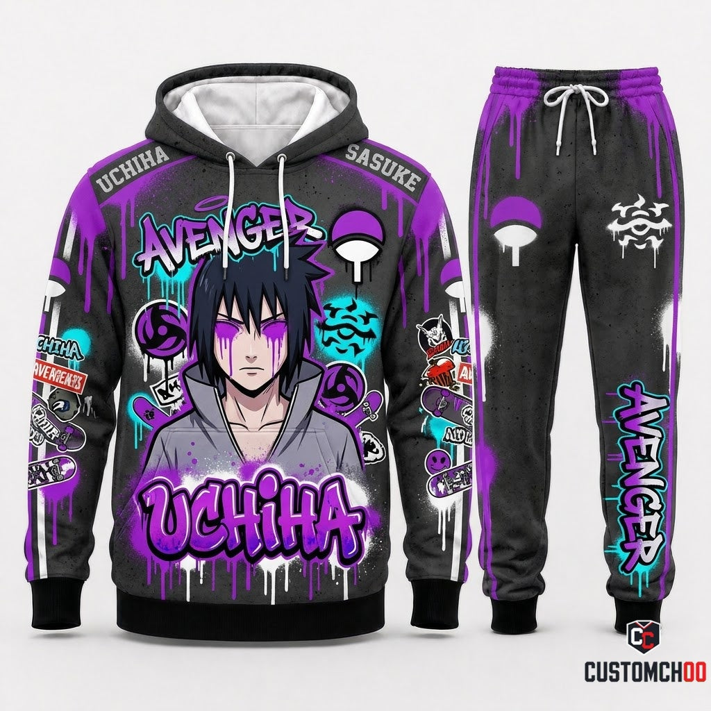 Sasuke Uchiha Anime Tracksuit Set - Hoodie & Jogger Pants - 08. Street Graffiti