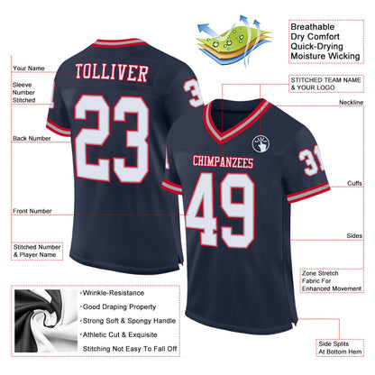 Custom Navy White Red-Gray Mesh Authentic Throwback Football Jersey