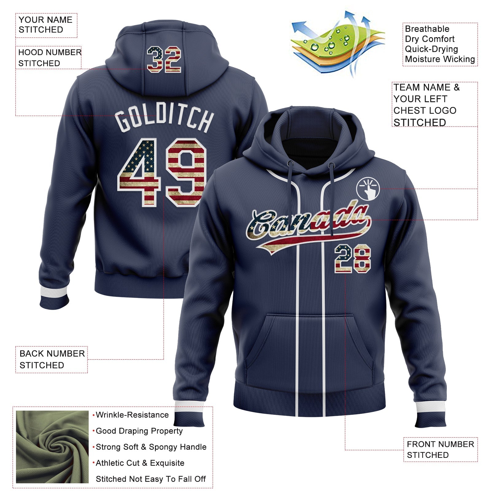 Custom Stitched Navy Vintage USA Flag-White Baseball Pullover Sweatshirt Hoodie