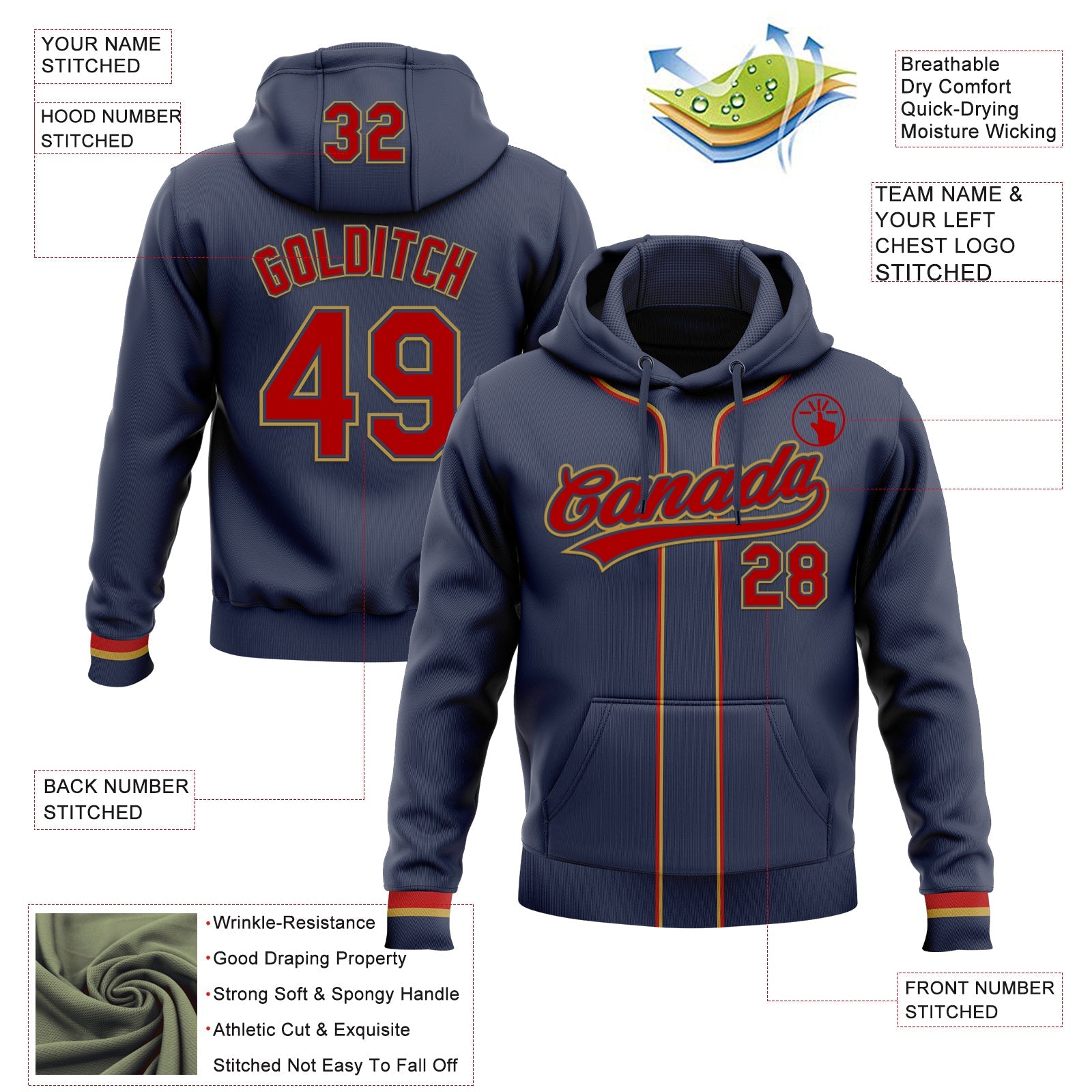 Custom Stitched Navy Red-Old Gold Baseball Pullover Sweatshirt Hoodie