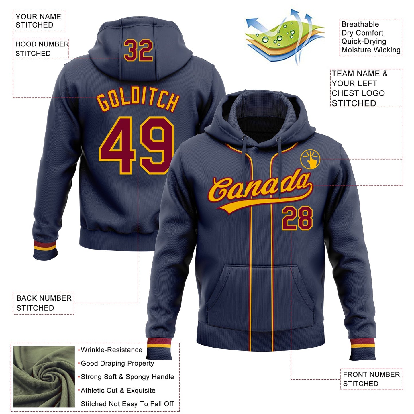 Custom Stitched Navy Maroon-Gold Baseball Pullover Sweatshirt Hoodie