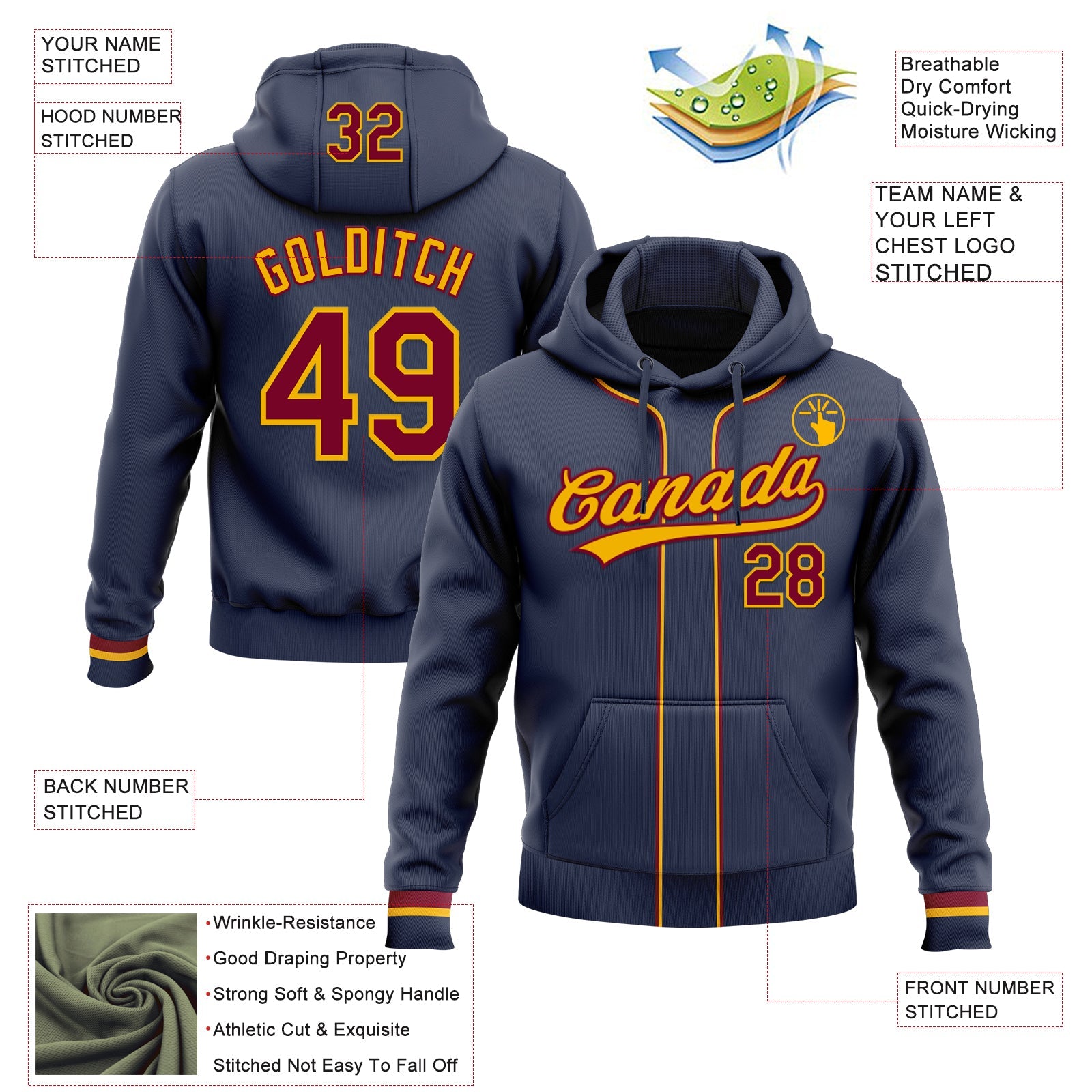 Custom Stitched Navy Maroon-Gold Baseball Pullover Sweatshirt Hoodie