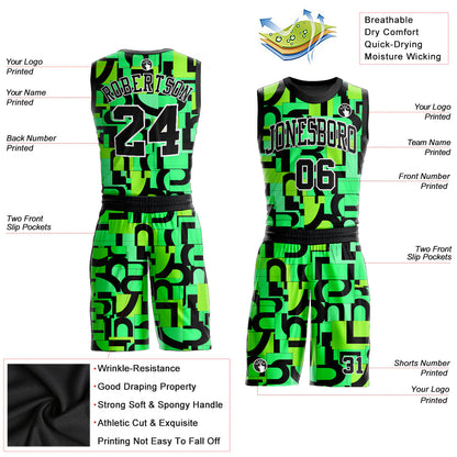 Custom Neon Green Black-White Music Festival Round Neck Sublimation Basketball Uniform Jersey