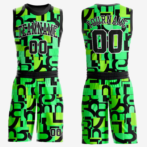 Custom Neon Green Black-White Music Festival Round Neck Sublimation Basketball Uniform Jersey