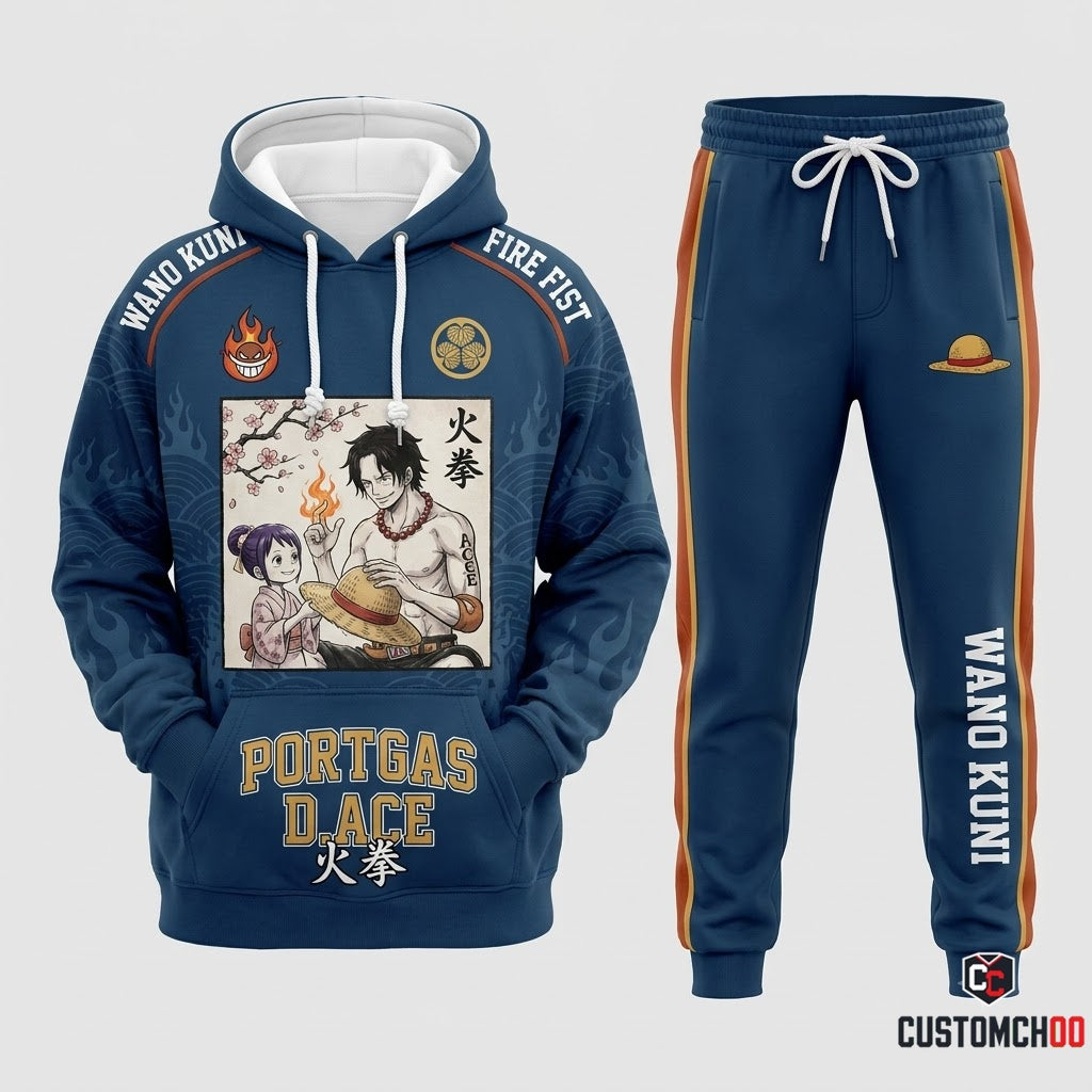 Portgas D. Ace Fire Fist Anime Tracksuit Set - Hoodie & Jogger Pants - 03. Wano Ukiyoe