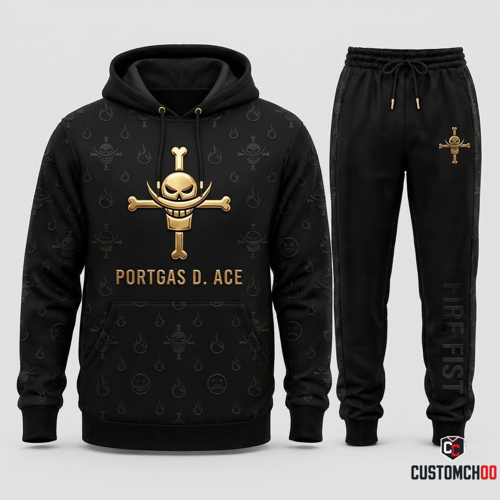 Portgas D. Ace Fire Fist Anime Tracksuit Set - Hoodie & Jogger Pants - 06. Monogram Stealth