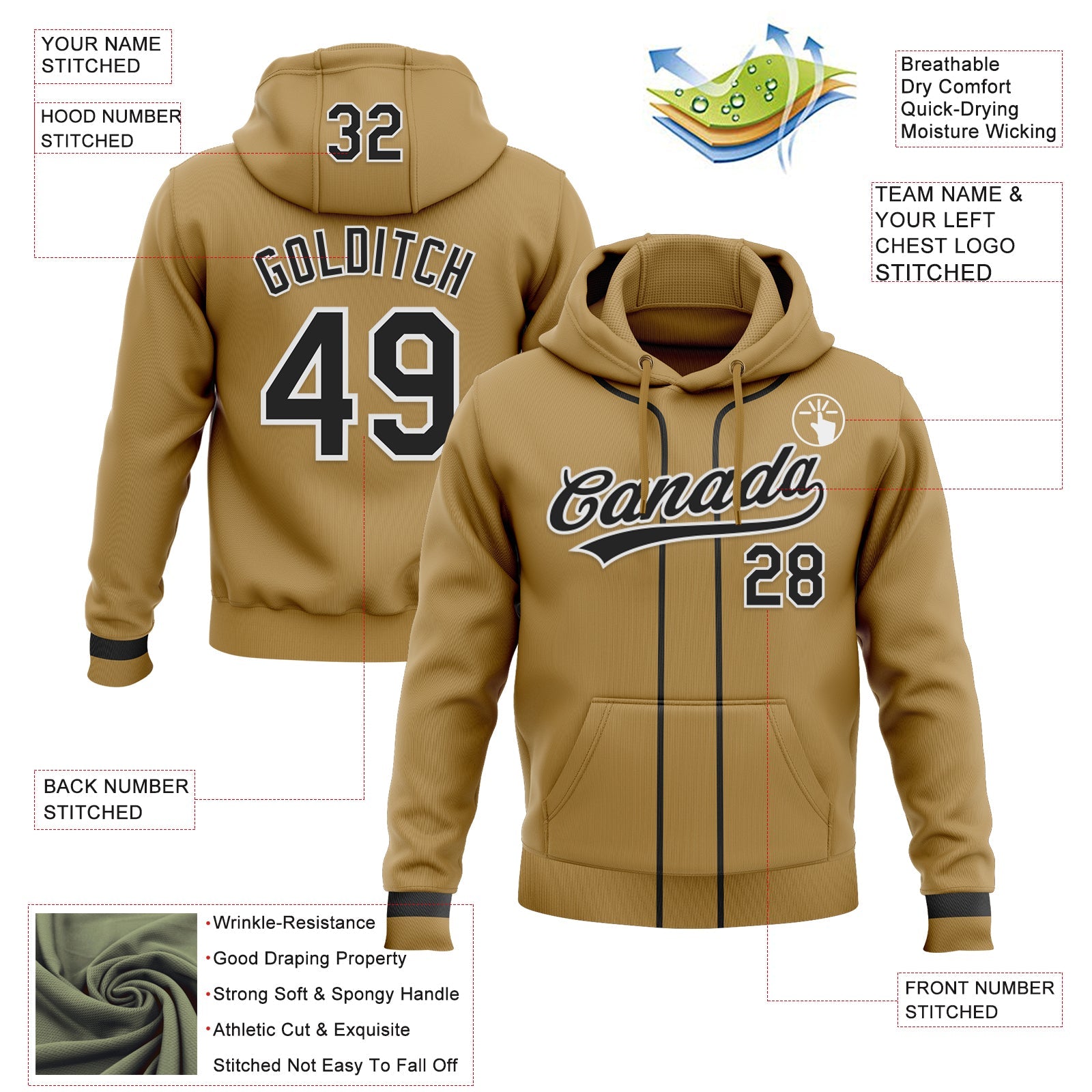 Custom Stitched Old Gold Black-White Baseball Pullover Sweatshirt Hoodie