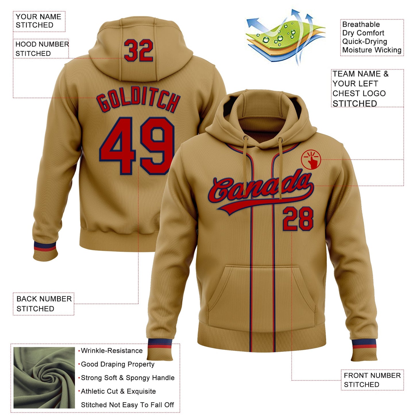 Custom Stitched Old Gold Red-Navy Baseball Pullover Sweatshirt Hoodie