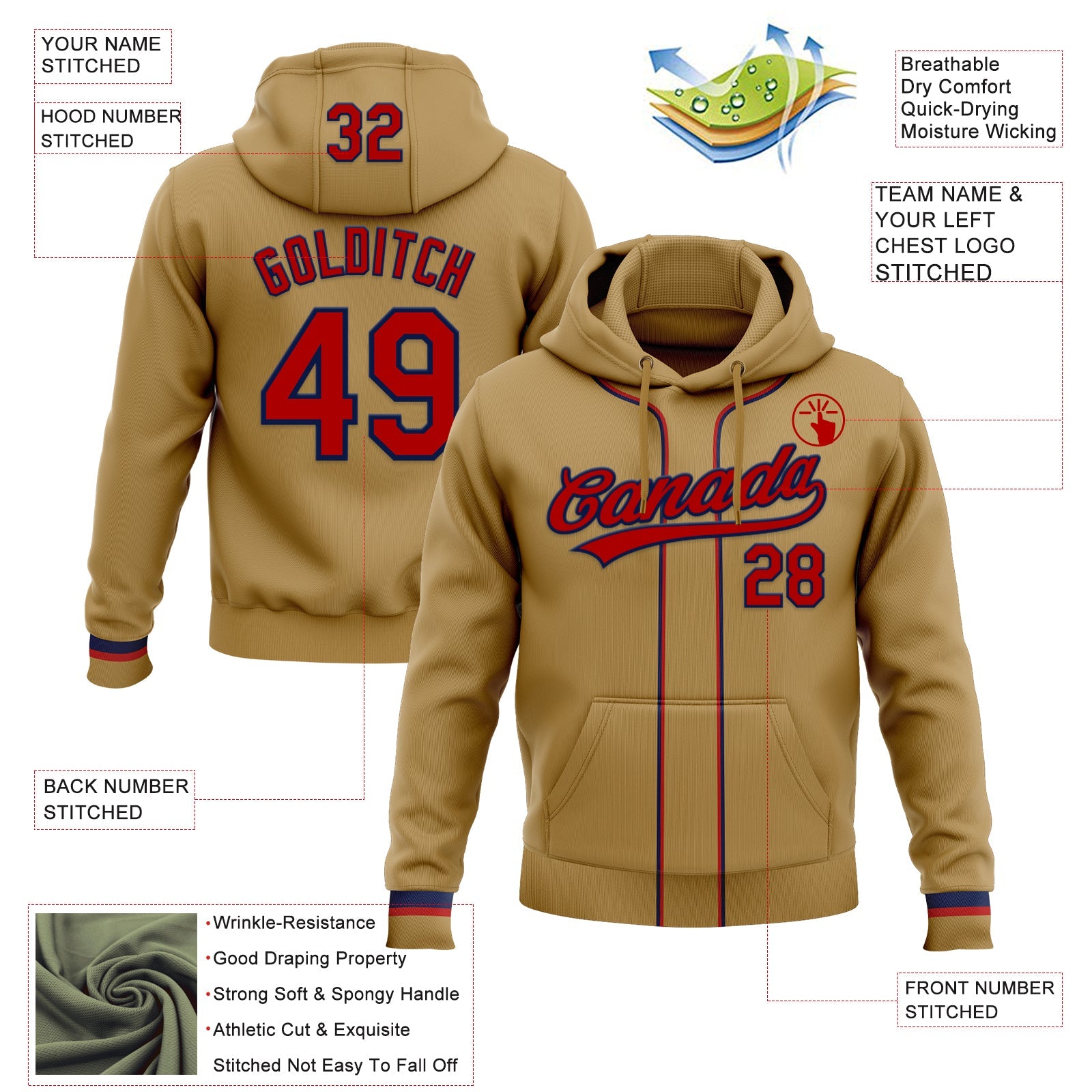 Custom Stitched Old Gold Red-Navy Baseball Pullover Sweatshirt Hoodie