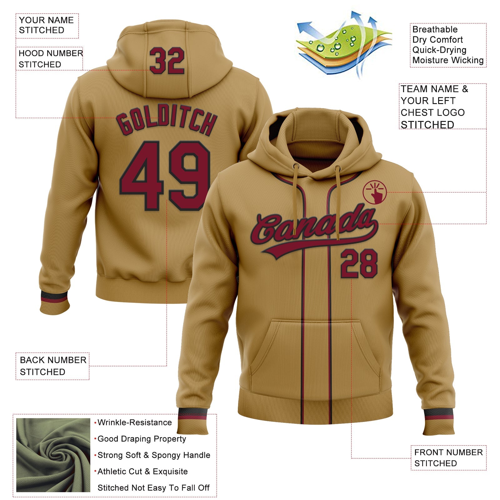 Custom Stitched Old Gold Crimson-Black Baseball Pullover Sweatshirt Hoodie