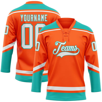 Custom Orange White-Aqua Hockey Lace Neck Jersey