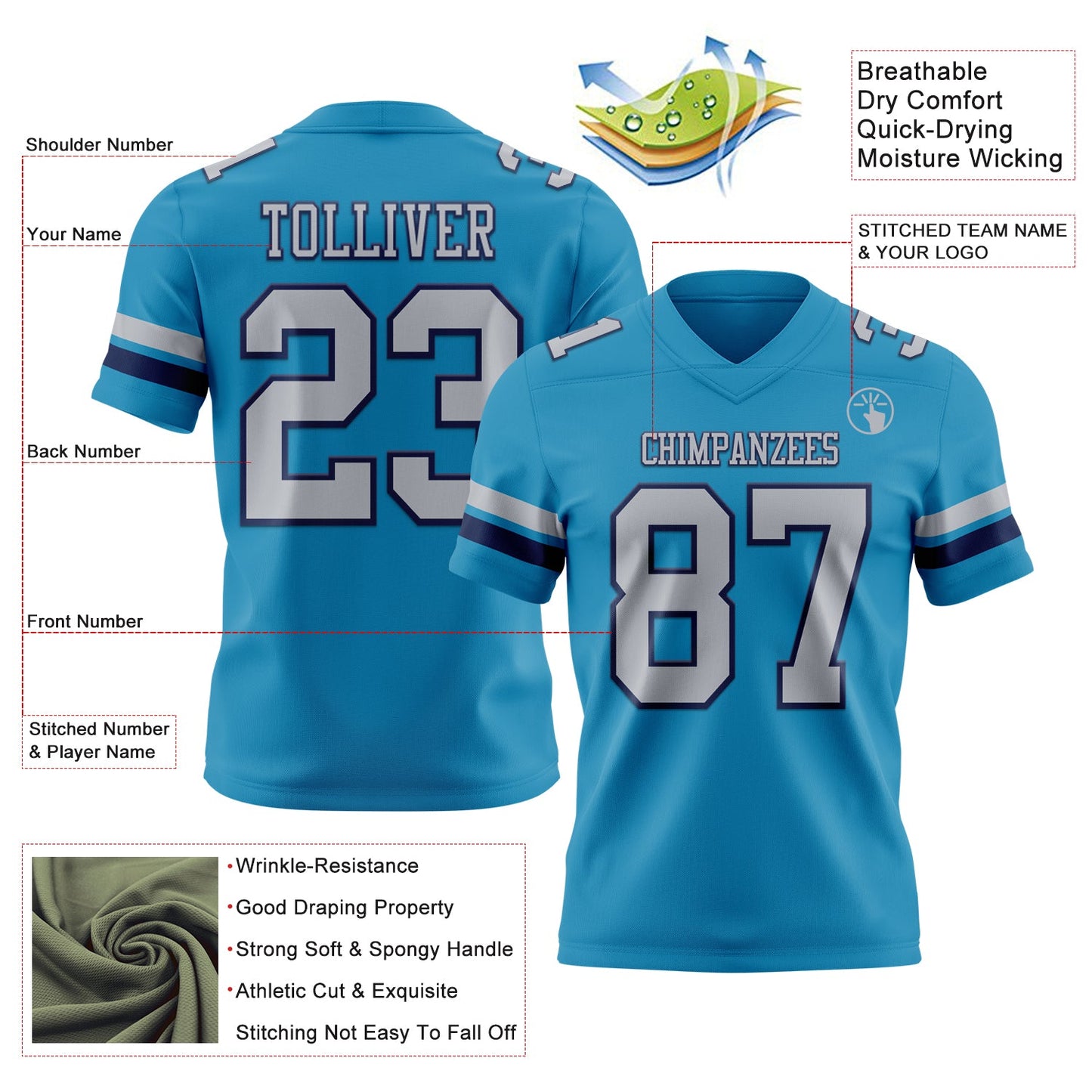 Custom Panther Blue Gray-Navy Authentic Football Jersey