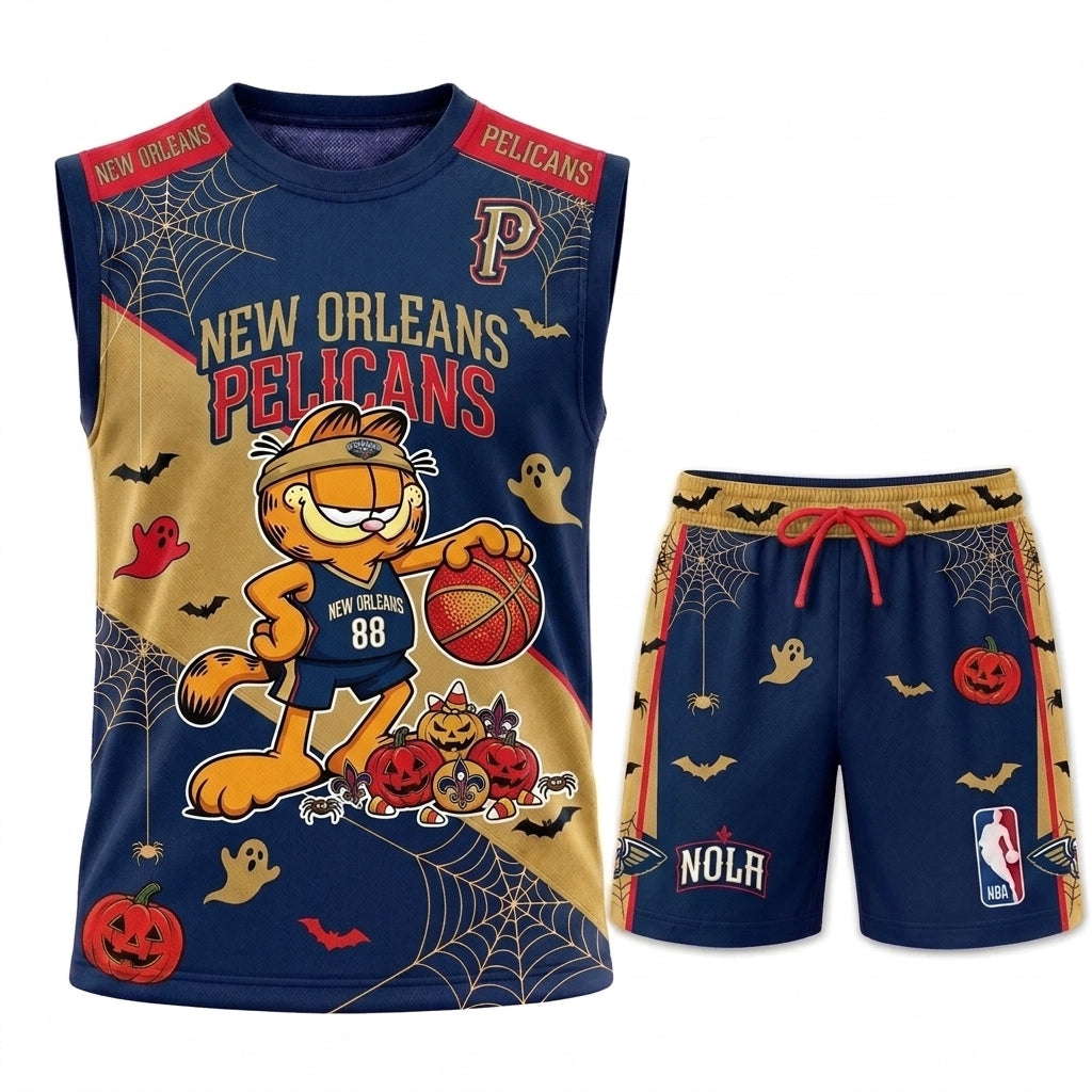 Halloween Basketball Jersey And Shorts Set, Cartoon Cat Sport Fan Outfit | 30 Teams Available