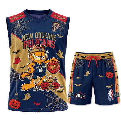 Halloween Basketball Jersey And Shorts Set, Cartoon Cat Sport Fan Outfit | 30 Teams Available