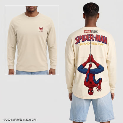 Cream Long Sleeve Shirt, Comic Web Hero Inspired Back Print Tee, Superhero Fan Streetwear Gift