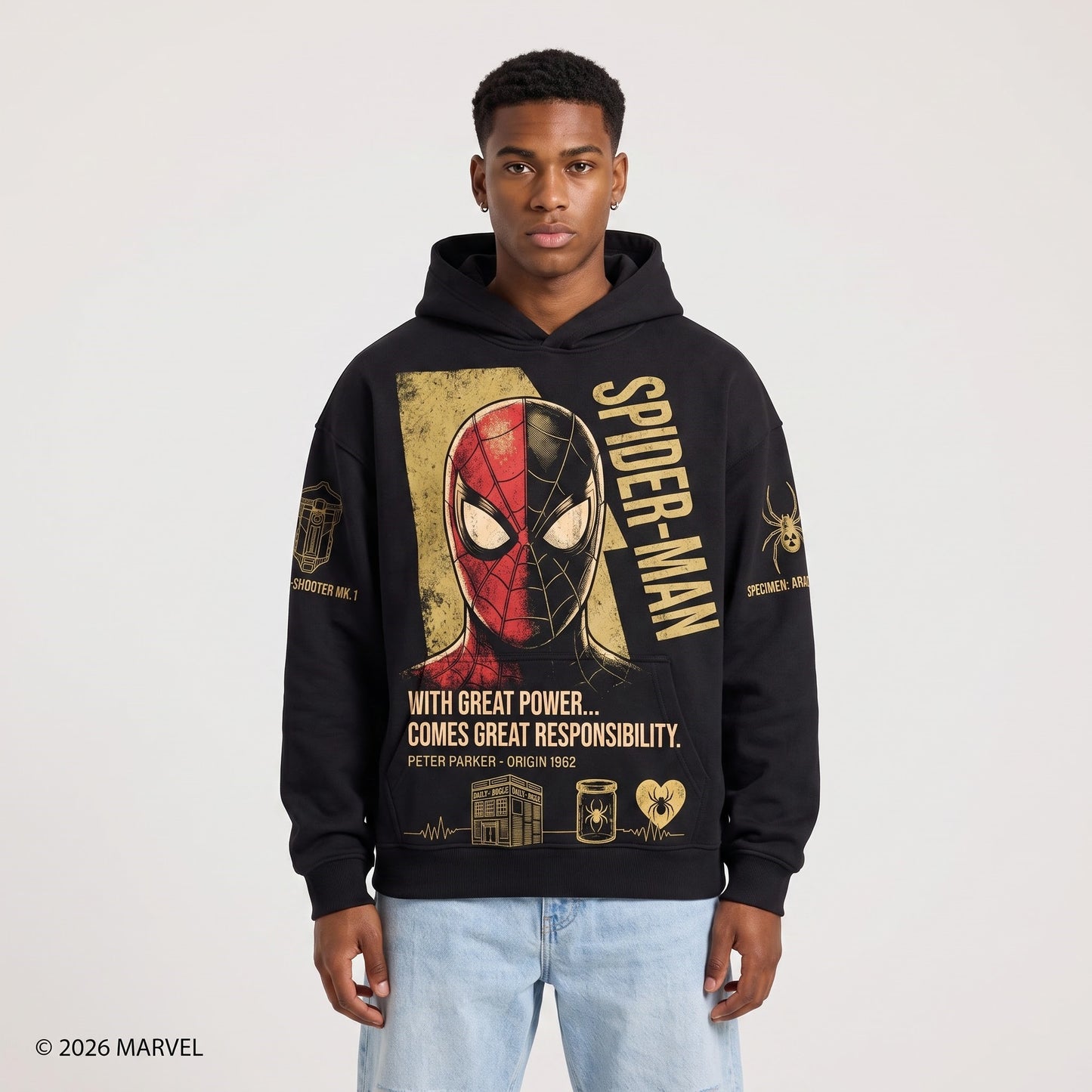 Black Long Sleeve Shirt, Comic Web Hero Inspired Back Print Tee, Superhero Fan Streetwear Gift