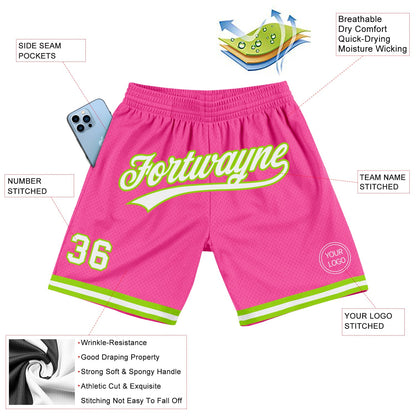 Custom Pink White-Neon Green Authentic Throwback Basketball Shorts