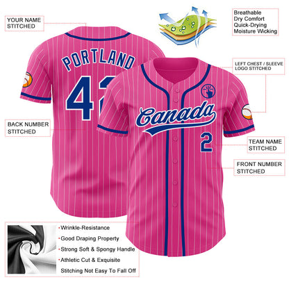 Custom Pink White Pinstripe Royal Authentic Baseball Jersey