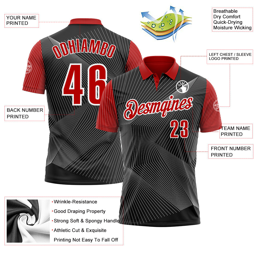 Custom Black Red-White 3D Bowling Line Performance Polo Shirt