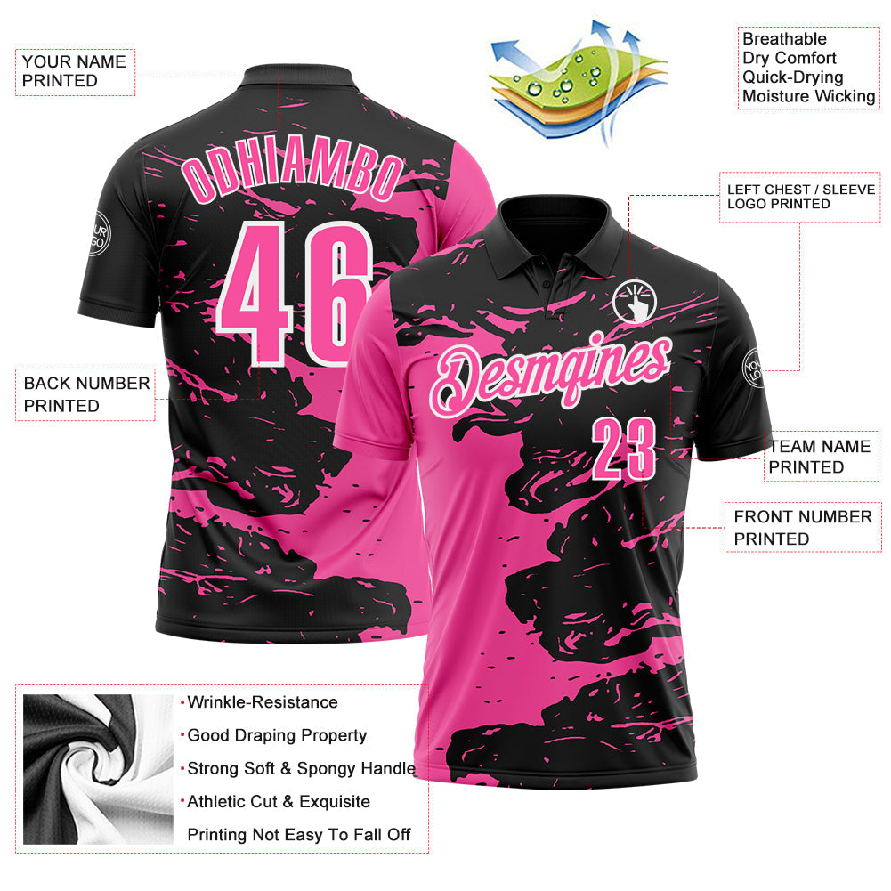 Custom Black Pink-White 3D Bowling Splash Ink Performance Polo Shirt