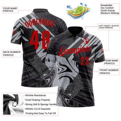 Custom Black Red-Gray 3D Bowling Abstract Grunge Art Performance Polo Shirt