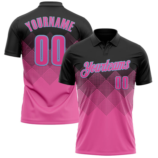 Custom Black Pink-Light Blue 3D Pattern Design Gradient Square Shape Performance Polo Shirt