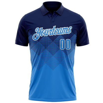 Custom Navy Powder Blue-White 3D Pattern Design Gradient Square Shape Performance Polo Shirt