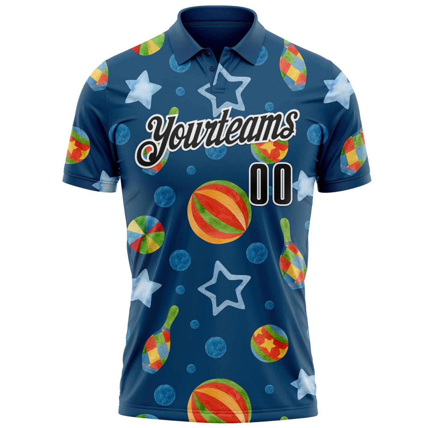 Custom Navy Black-White 3D Bowling Watercolor Performance Polo Shirt