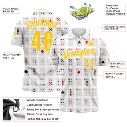 Custom White Yellow 3D Gambling Poker Performance Polo Shirt