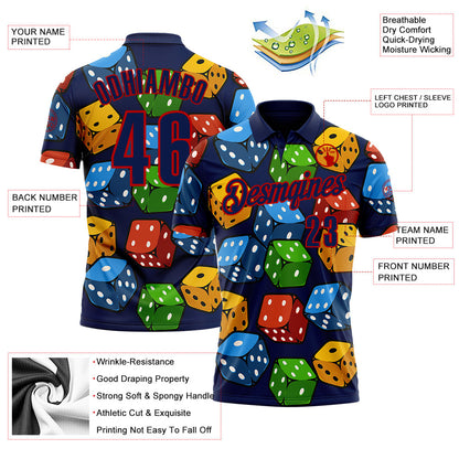 Custom Navy Red 3D Gambling Dice Performance Polo Shirt