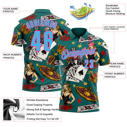 Custom Teal Sky Blue-Pink 3D Gambling Poker Performance Polo Shirt