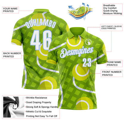 Custom Neon Green White-Light Blue 3D Tennis Performance Polo Shirt