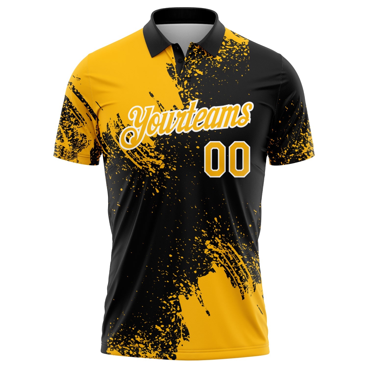 Custom Gold Black-White 3D Pattern Design Abstract Brush Stroke Performance Polo Shirt