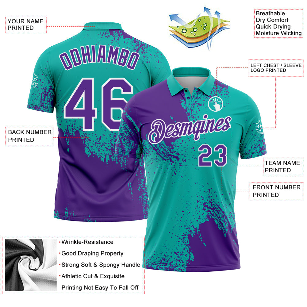 Custom Purple Aqua-White 3D Pattern Design Abstract Brush Stroke Performance Polo Shirt