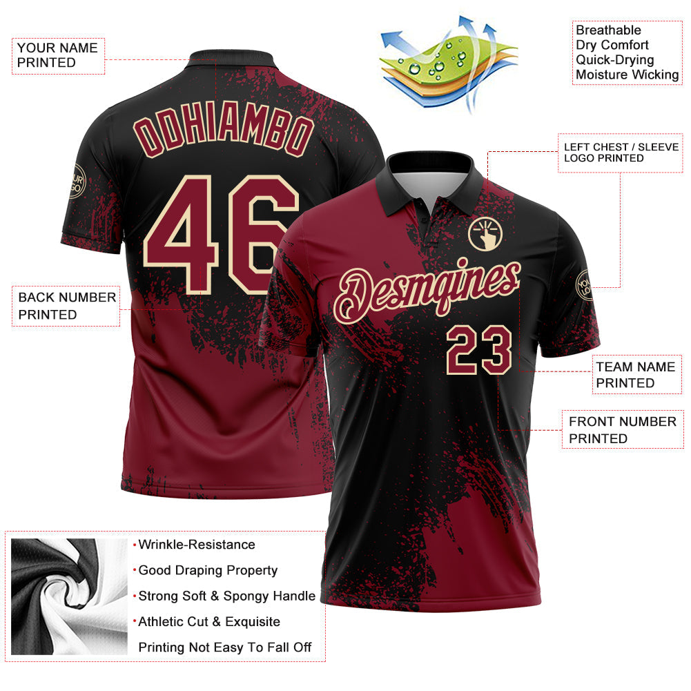 Custom Crimson Black-Cream 3D Pattern Design Abstract Brush Stroke Performance Polo Shirt