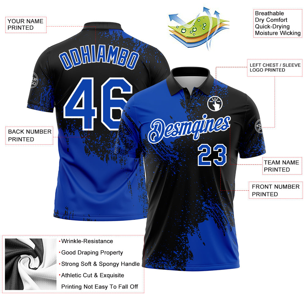 Custom Thunder Blue Black-White 3D Pattern Design Abstract Brush Stroke Performance Polo Shirt