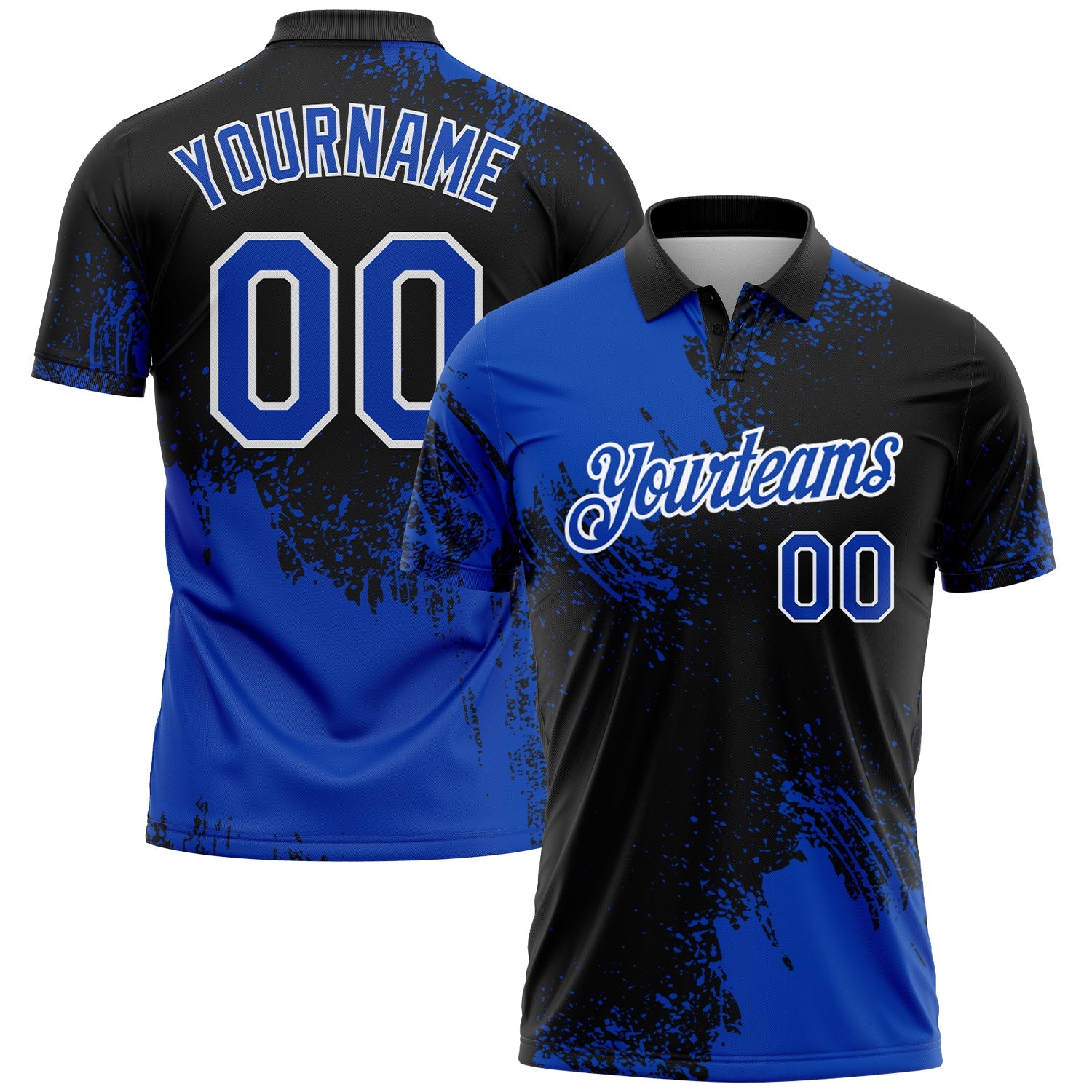 Custom Thunder Blue Black-White 3D Pattern Design Abstract Brush Stroke Performance Polo Shirt