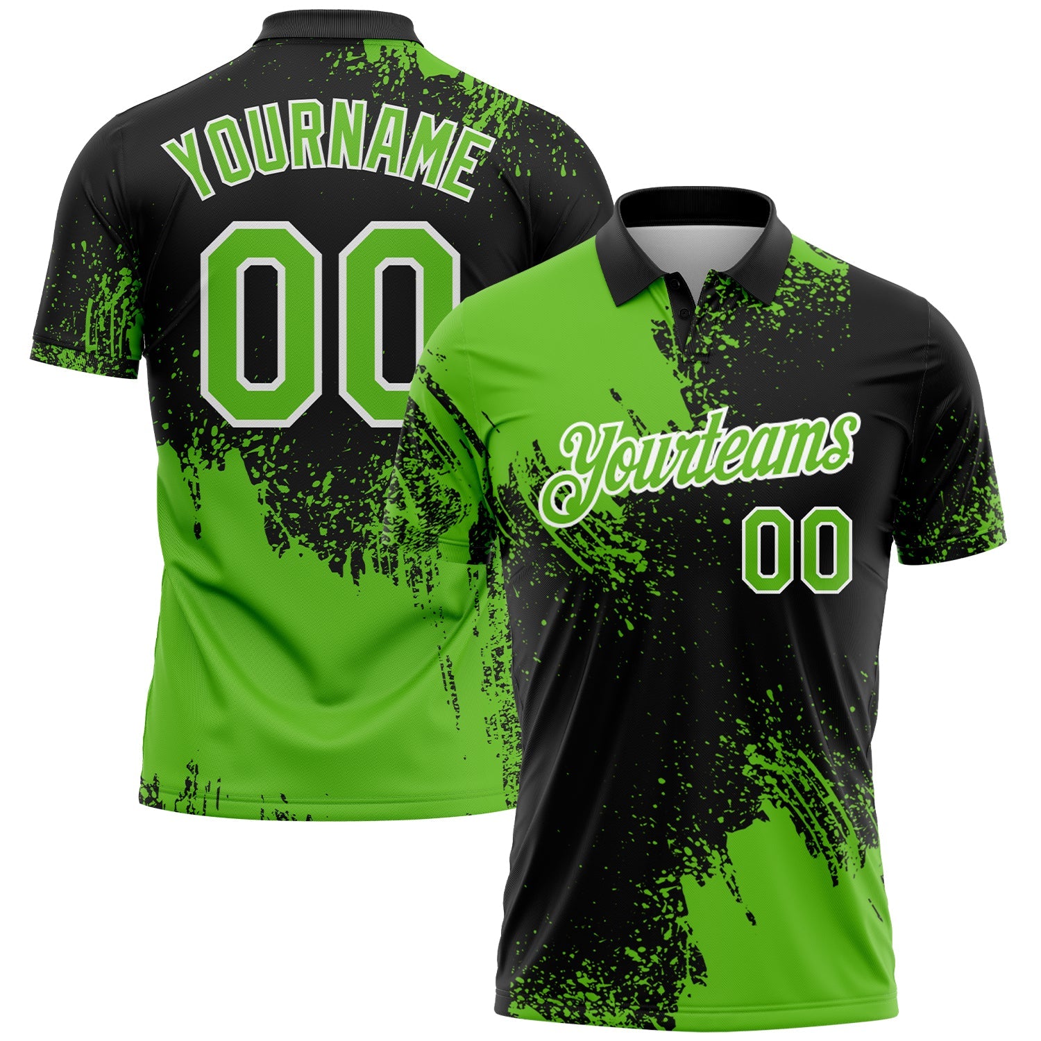 Custom Aurora Green Black-White 3D Pattern Design Abstract Brush Stroke Performance Polo Shirt