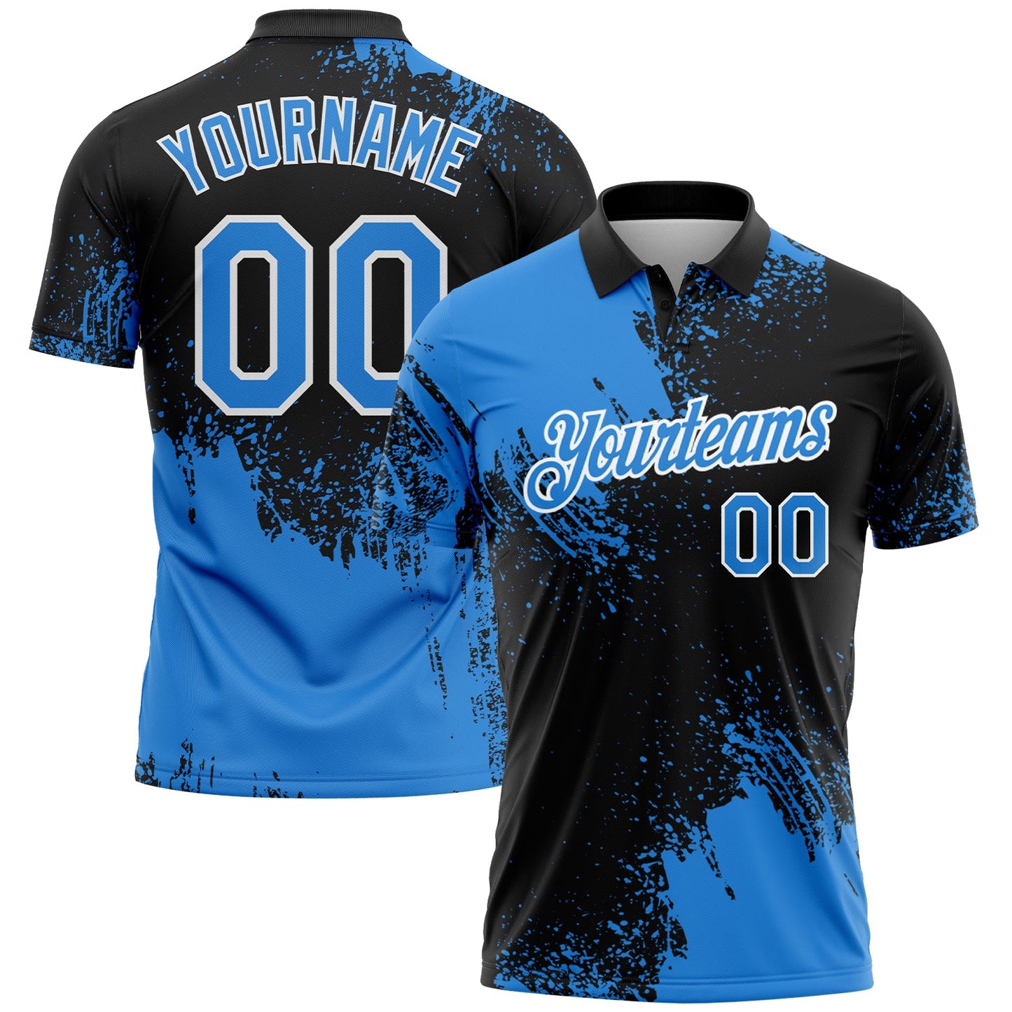 Custom Powder Blue Black-White 3D Pattern Design Abstract Brush Stroke Performance Polo Shirt