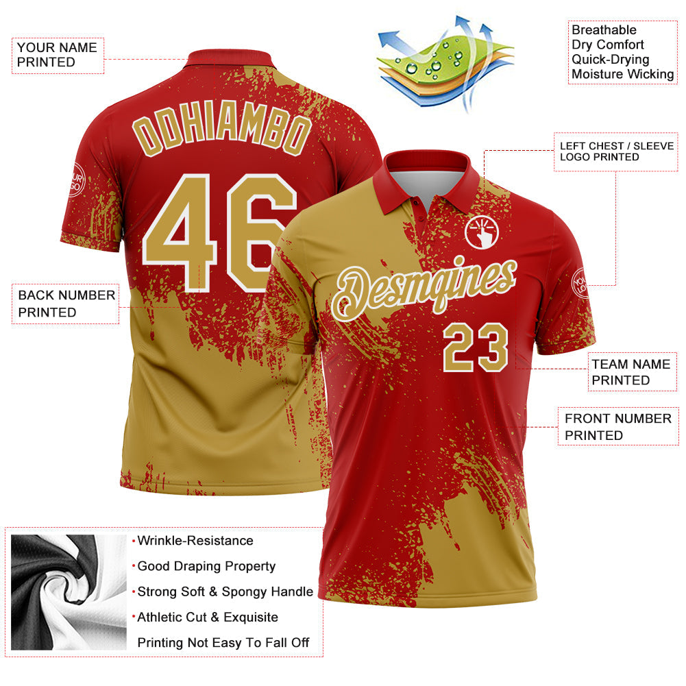 Custom Old Gold Red-White 3D Pattern Design Abstract Brush Stroke Performance Polo Shirt
