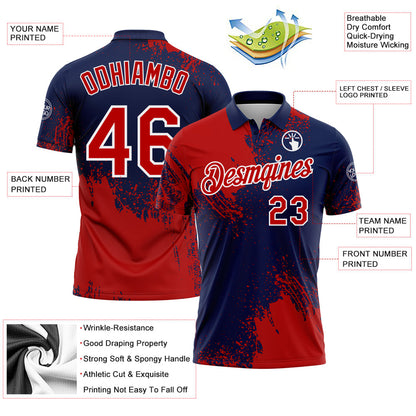 Custom Red Navy-White 3D Pattern Design Abstract Brush Stroke Performance Polo Shirt