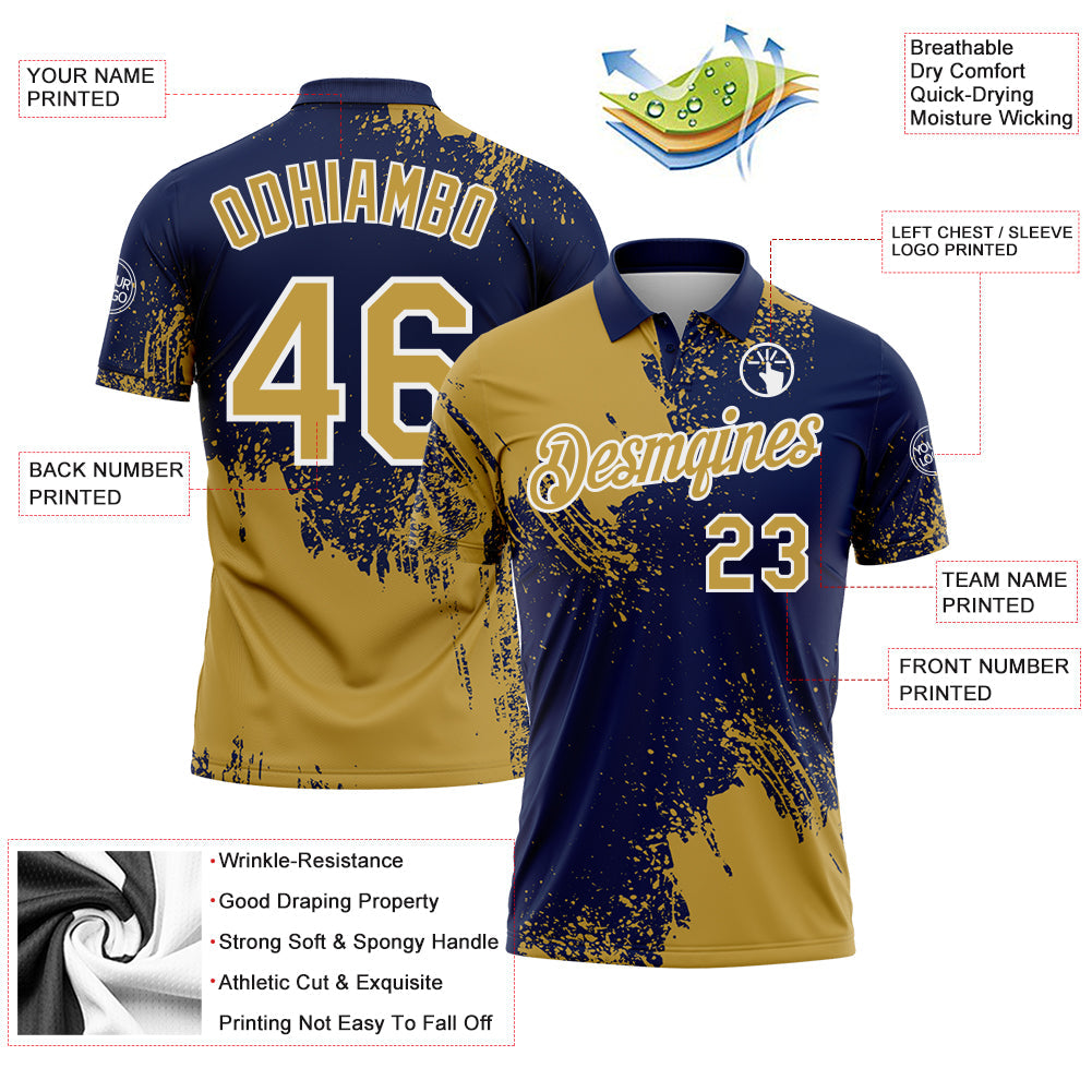 Custom Old Gold Navy-White 3D Pattern Design Abstract Brush Stroke Performance Polo Shirt